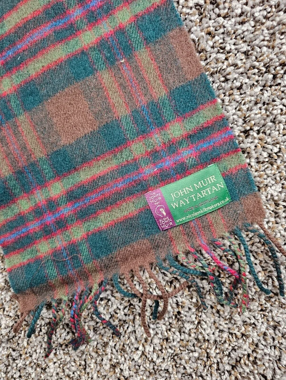 John Muir Way Tartan Scotland Plaid Scarf Brown Green Purple w/ Fringe